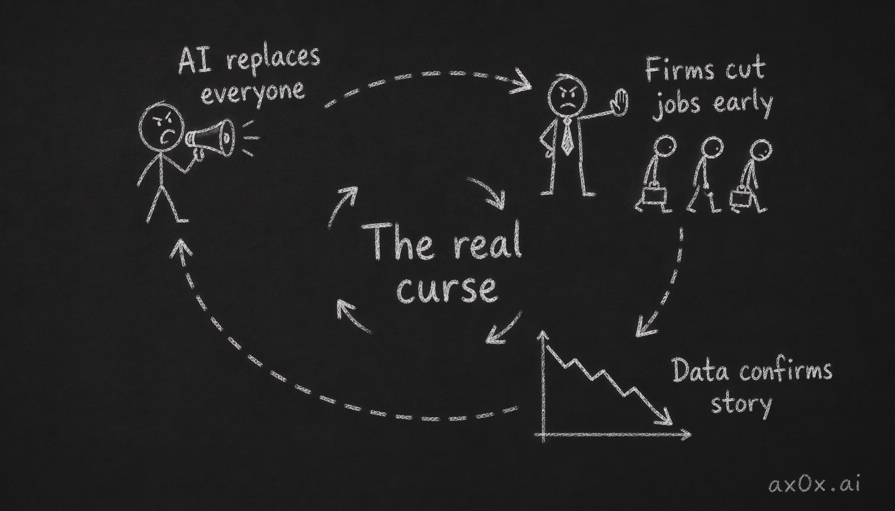 The self-fulfilling loop: the story makes firms cut jobs early, layoff data then confirms the story