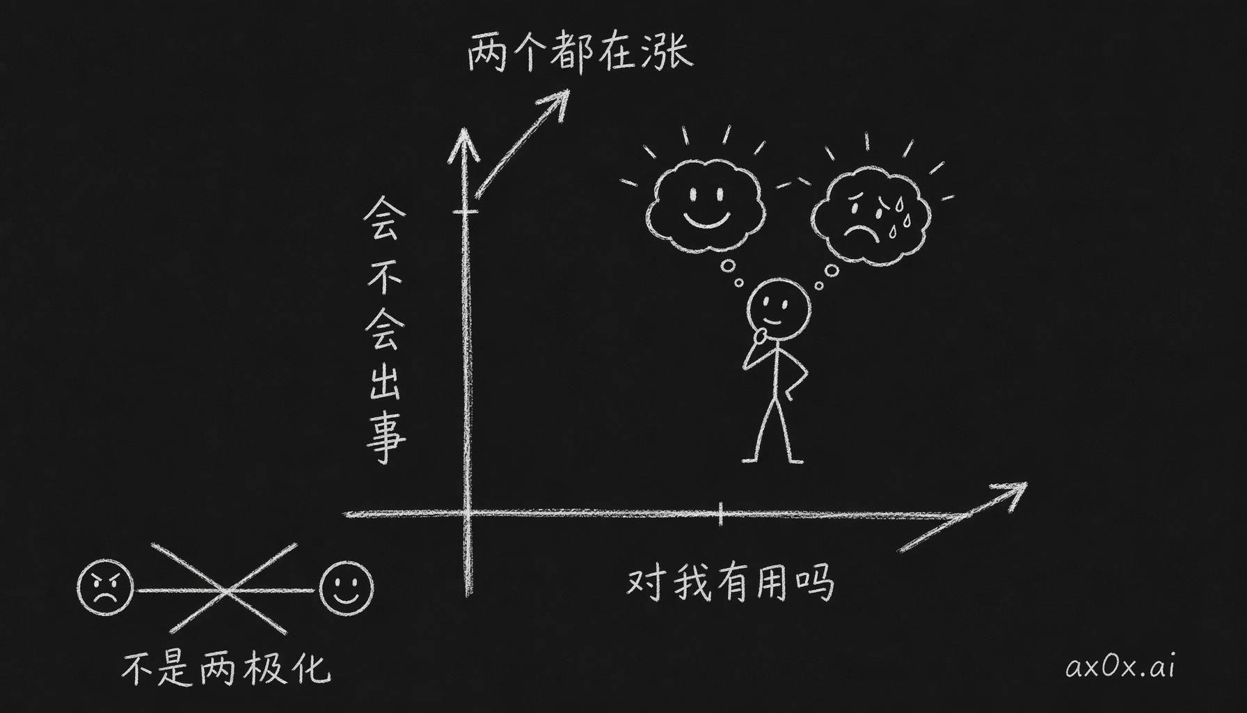 乐观和焦虑不是一根轴的两端，而是两根轴——「对我有用吗」和「会不会出事」可以同时成立、同时上涨