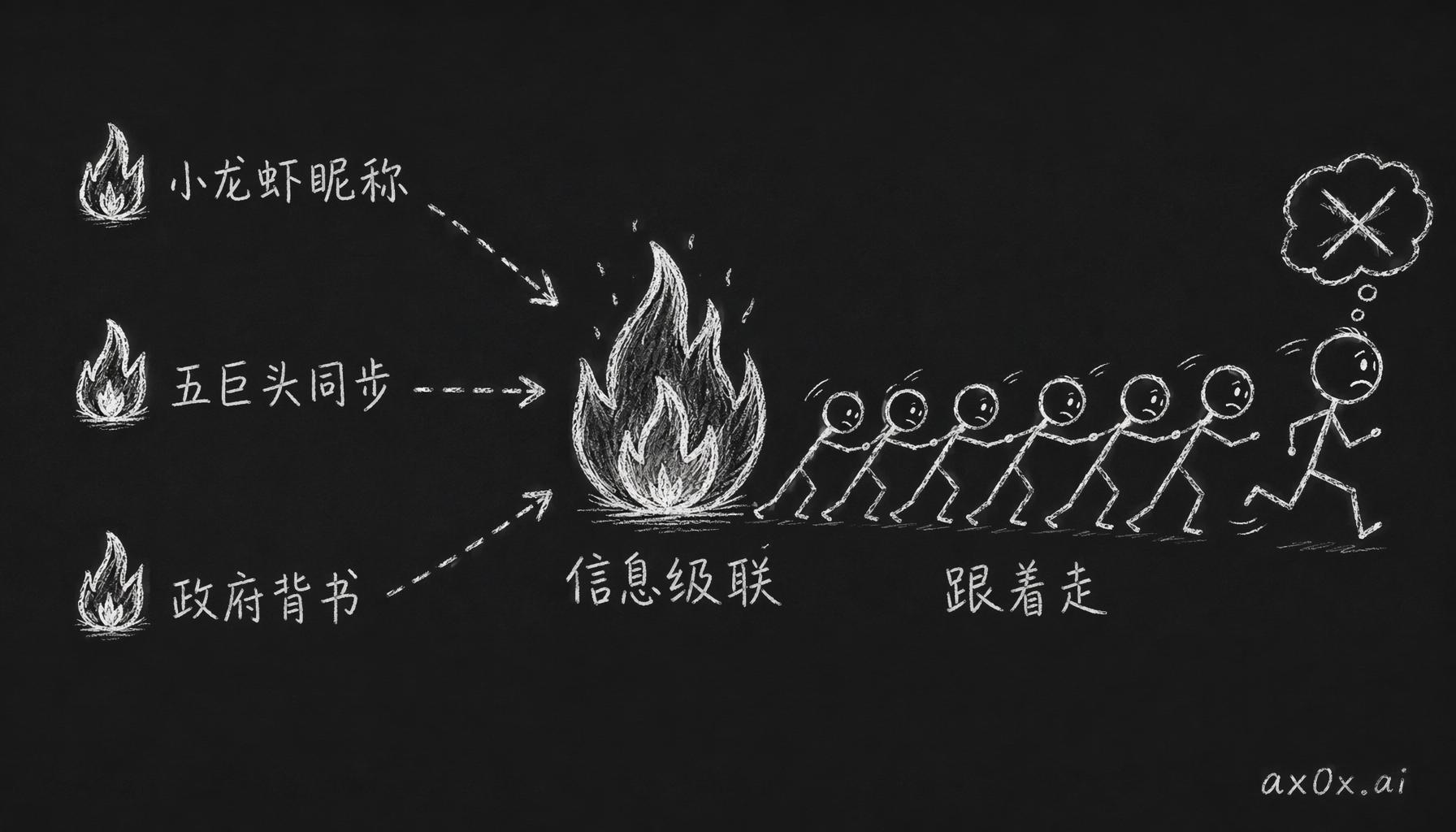 三个信号叠加点火：昵称、五巨头同步、政府背书凑齐后，信息级联被引爆，人们压抑自己的判断跟着走。