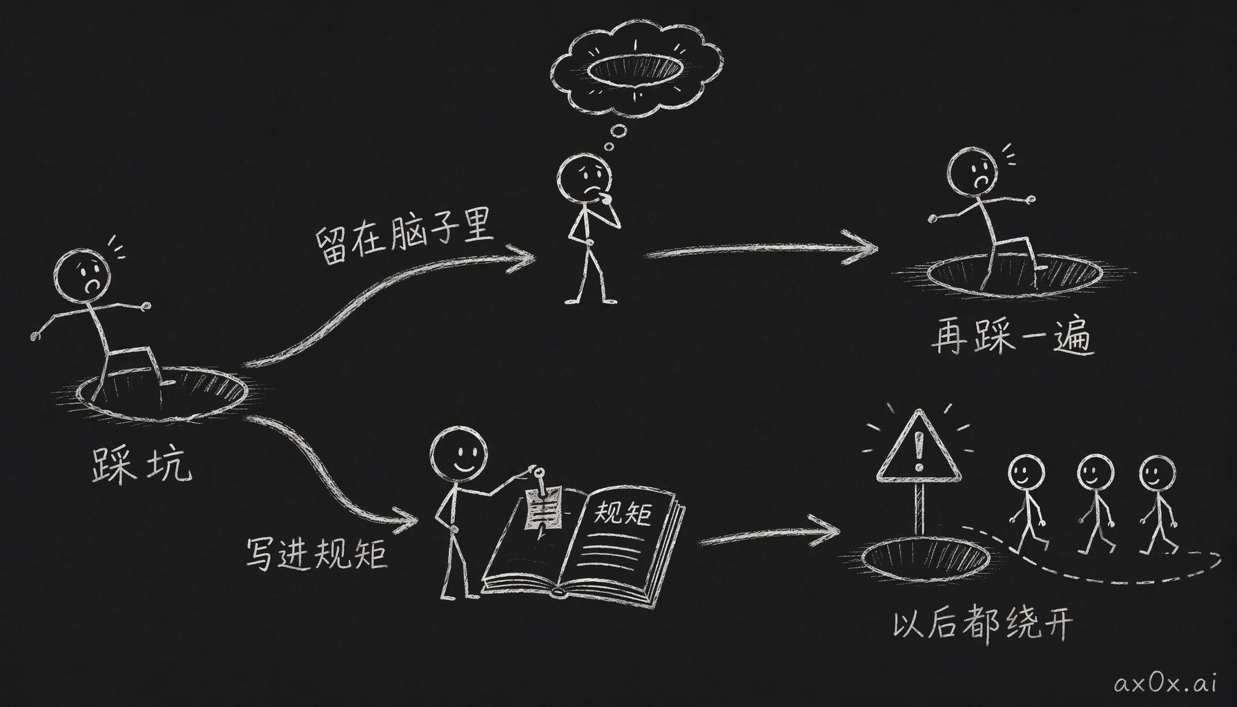 同一个坑只交一次学费：教训留在脑子里会再踩一遍，写进规矩以后都绕开
