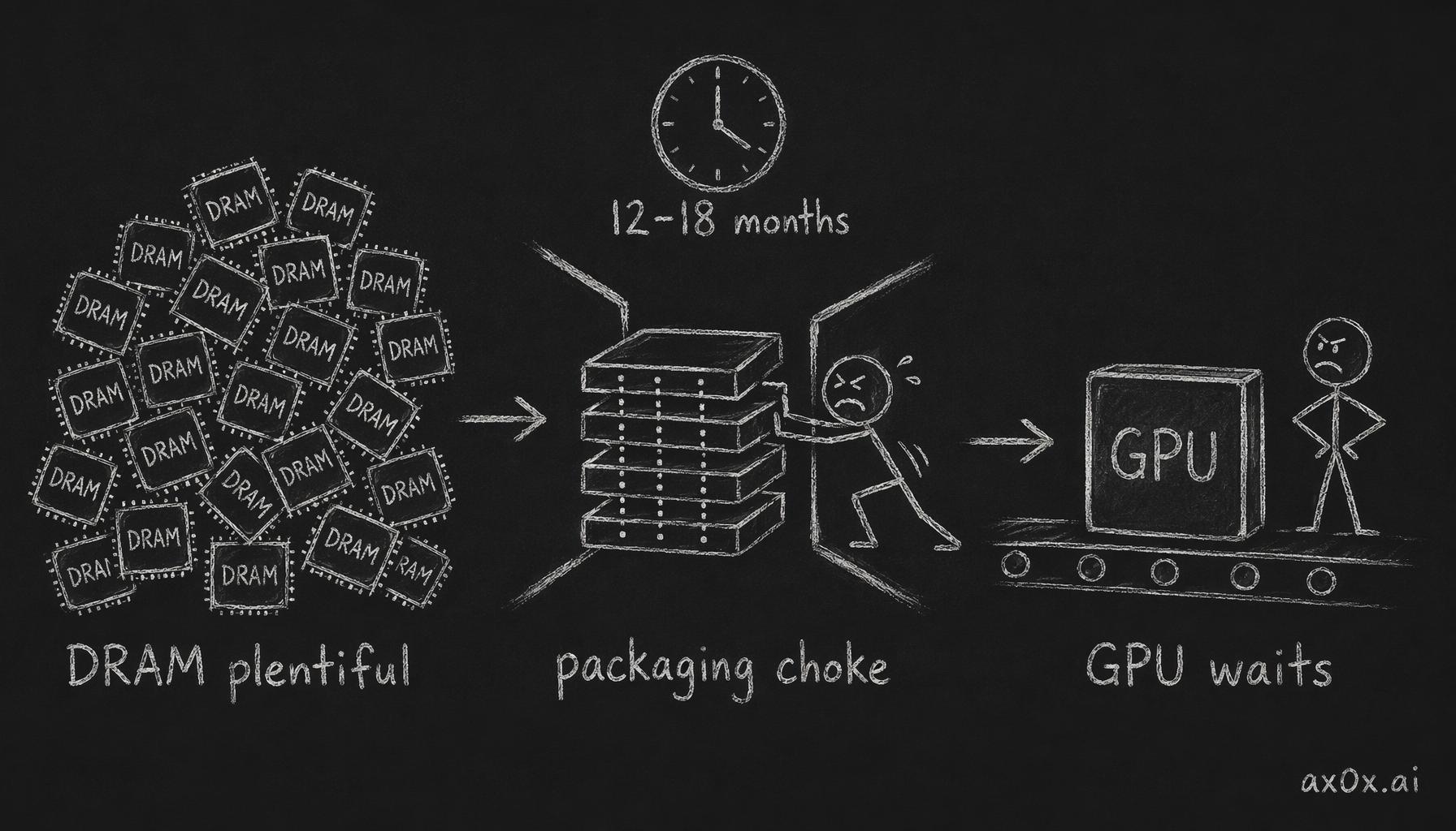 HBM supply is gated not by DRAM dies but by the packaging step — a 12 to 18 month expansion cycle so slow that GPUs arrive before their HBM does