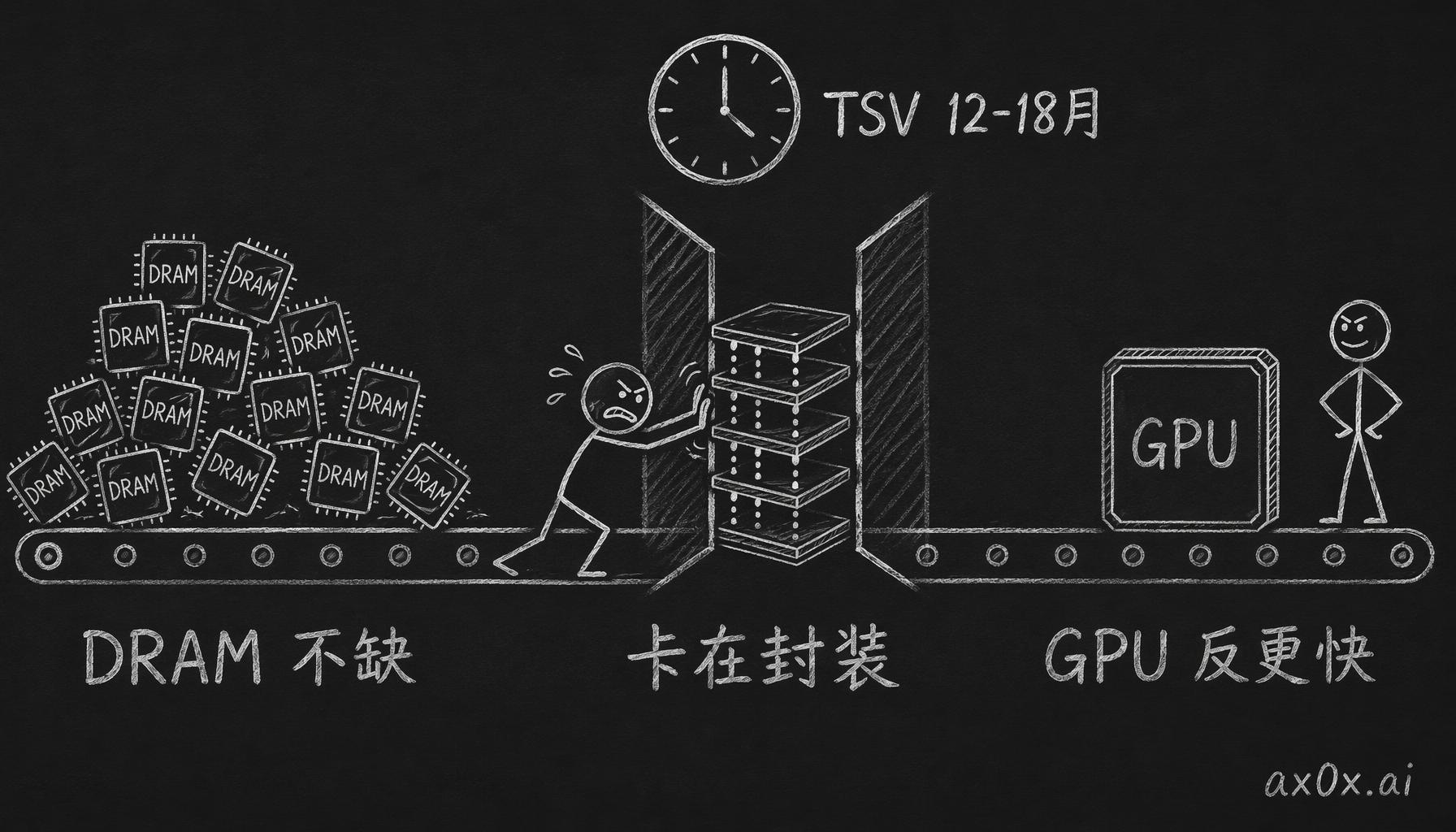 HBM 扩不动不是因为缺 DRAM 颗粒，而是卡在 TSV 封装这道工序，扩一轮要 12 到 18 个月，慢到 GPU 都比 HBM 先到货