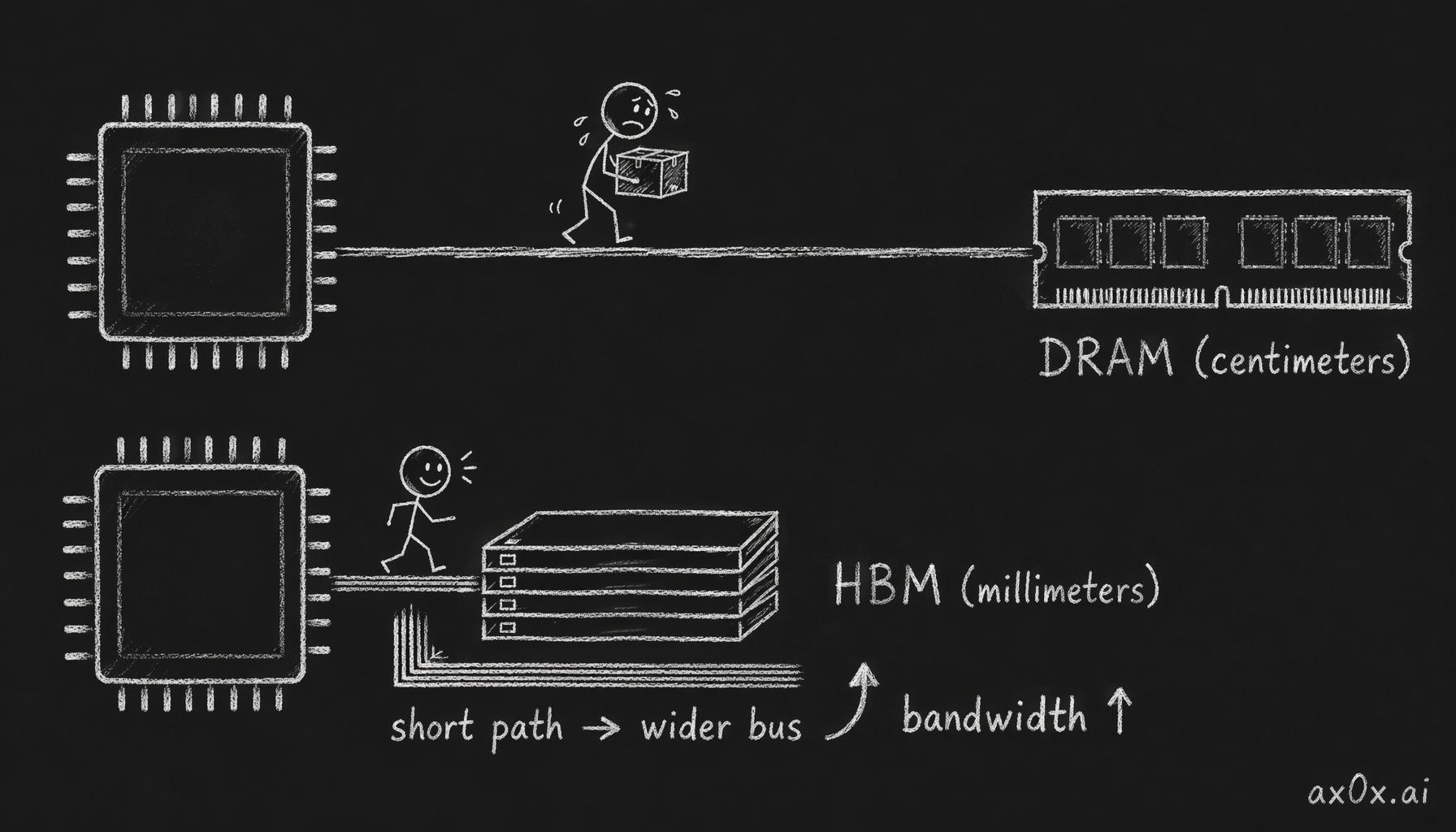HBM stacks memory right next to the logic on an interposer, cutting the data path from centimeters to millimeters so the bus gets wider and bandwidth rises.