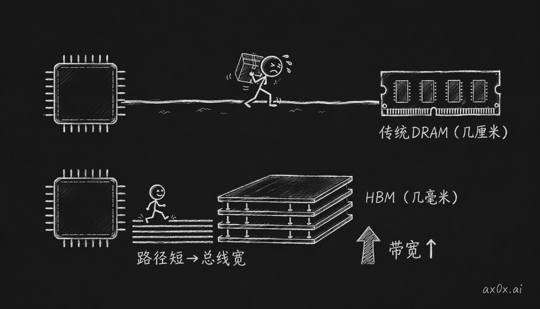HBM 把内存从几厘米外搬到芯片旁的几毫米处，路径短了总线就能做得更宽，带宽随之提上去。