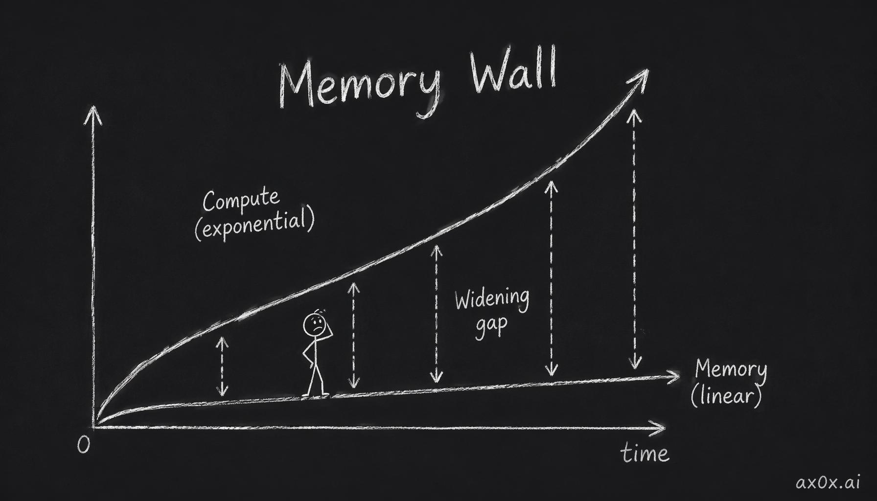 Compute climbs exponentially while memory only grows linearly, and the ever-widening gap between the two curves is the memory wall.
