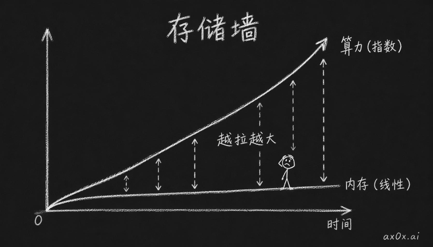 算力指数增长、内存只线性增长，两条曲线之间的缝隙越拉越大，就是「存储墙」。