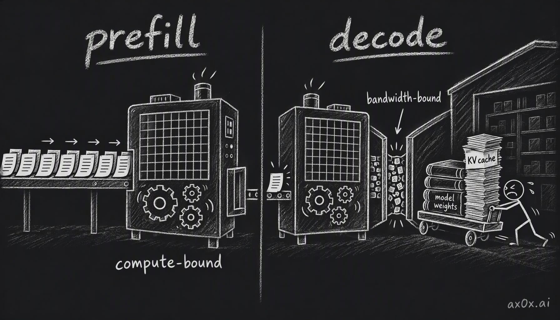 Prefill runs the whole prompt through the model at once as one big parallel matrix multiply, so it is limited by compute; decode produces one token at a time and has to stream the weights and the KV cache out of memory for each one, so it is limited by memory bandwidth