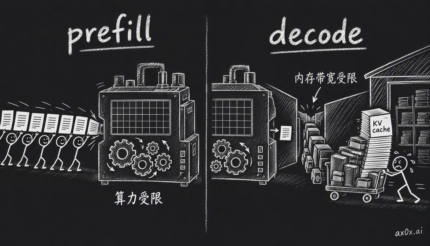 prefill 把整段提问一口气塞进模型，做一次大规模并行矩阵乘法，卡在算力上；decode 每次只吐 1 个 token，每吐一个都要把权重和 KV cache 从显存里搬一遍，卡在内存带宽上