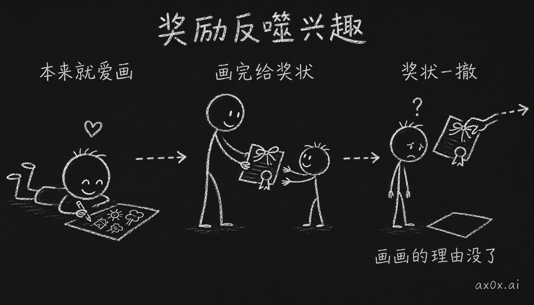 外部奖励反噬内在兴趣：孩子本来爱画画，给了奖状后再撤掉，画画的理由也跟着消失