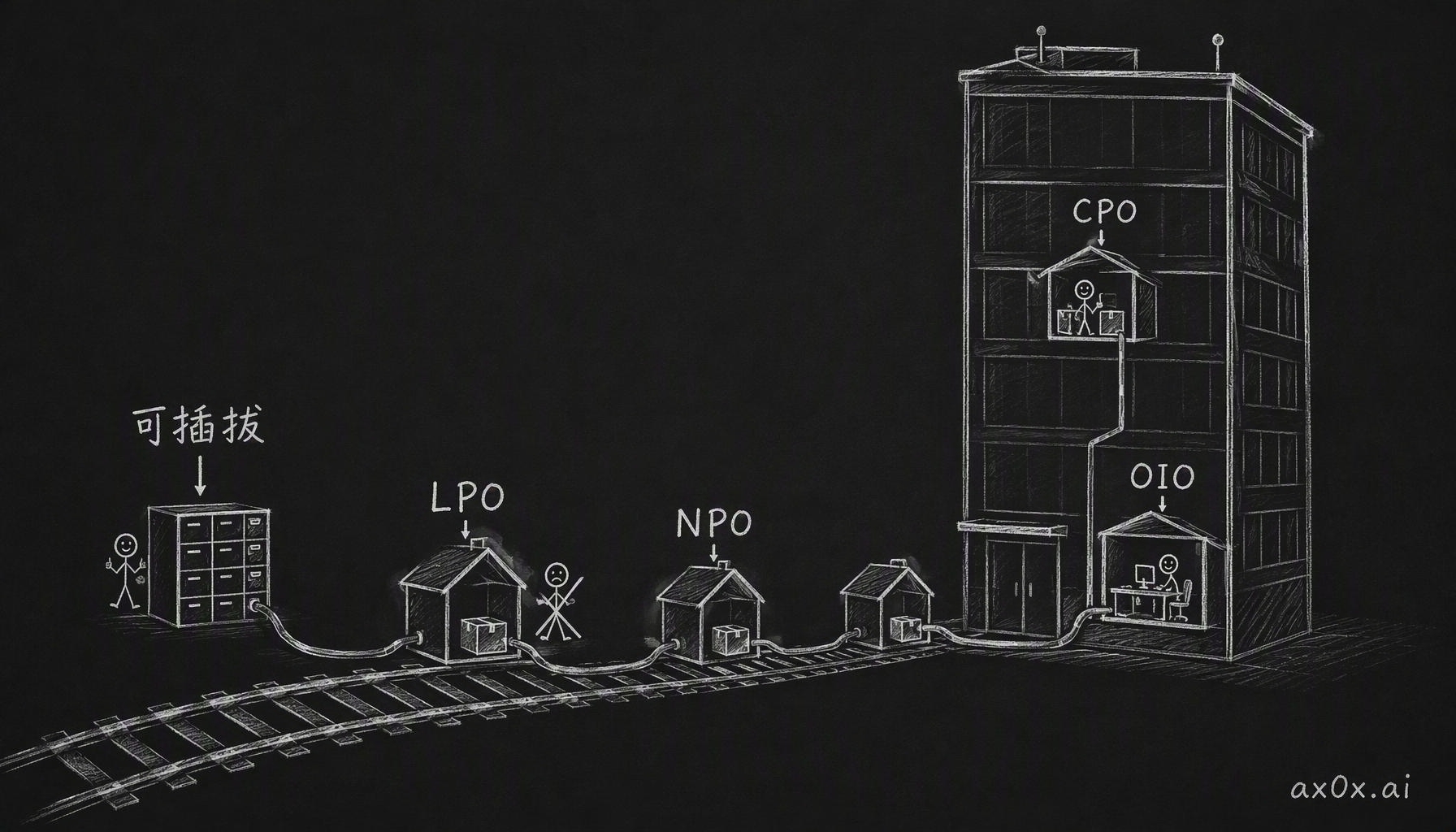 可插拔、LPO、NPO、CPO、OIO 五种封装方案本质是同一道选址题：光电转换这个快递站，到底建在离交换芯片这栋写字楼多近的地方