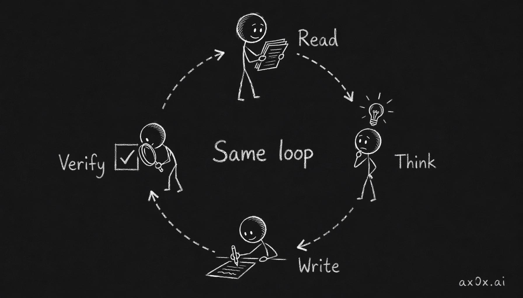 All information work runs the same Read to Think to Write to Verify loop, identical to software development, so agents that disrupt coding can disrupt every information job