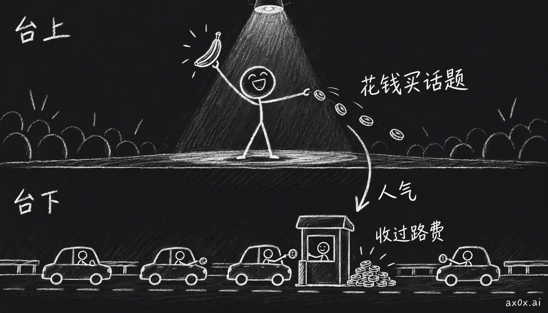 台上在聚光灯下花钱买话题，换来的人气流到台下，台下那条收费公路在收过路费
