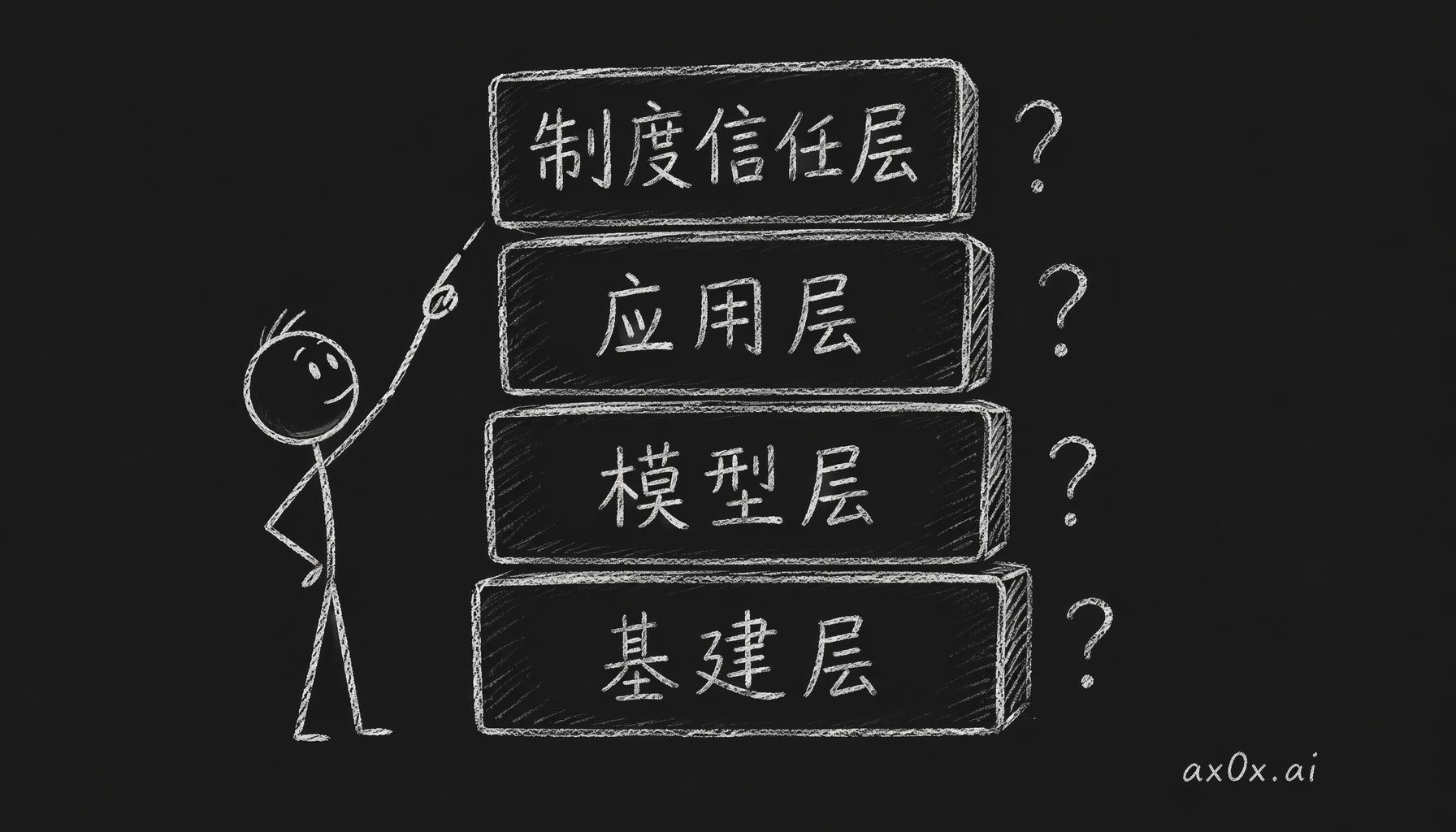 AI 价值的四层结构：从下到上是基建层、模型层、应用层、制度信任层，每往上一层价值越靠谁为答案背书