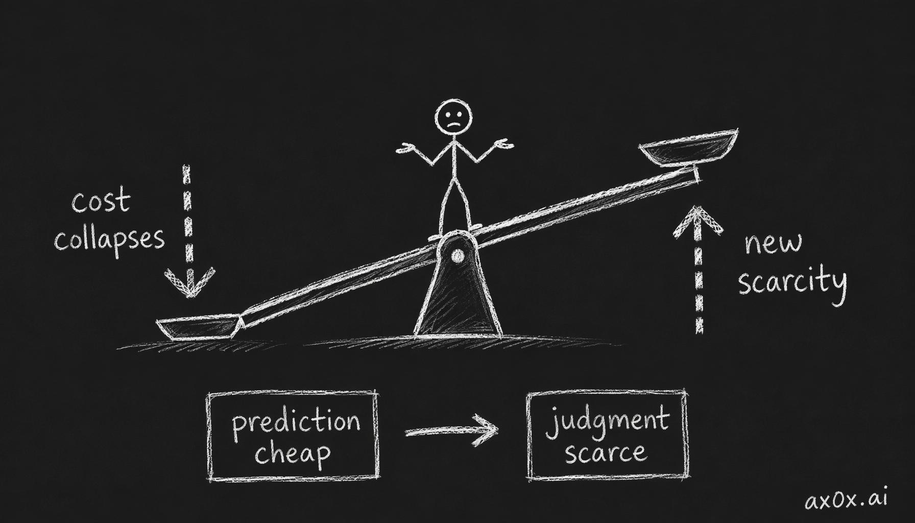 The cost-curve mechanism: when one cost is violently killed, a new scarcity surfaces beside it — prediction gets cheap, judgment gets scarce