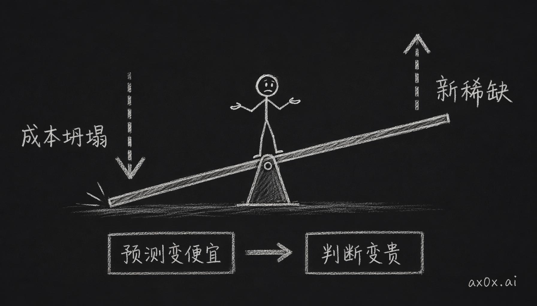 成本曲线机制：一种成本被暴力打掉的同时，旁边一种新稀缺就冒出来，比如预测变便宜、判断就变贵