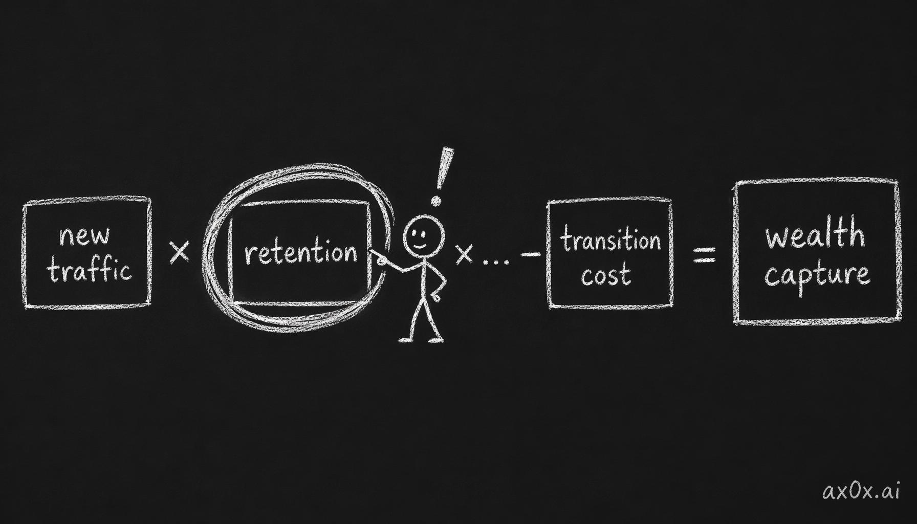 The wealth-capture formula: new traffic times retention and other coefficients minus transition cost, with retention as the term that decides who keeps the money