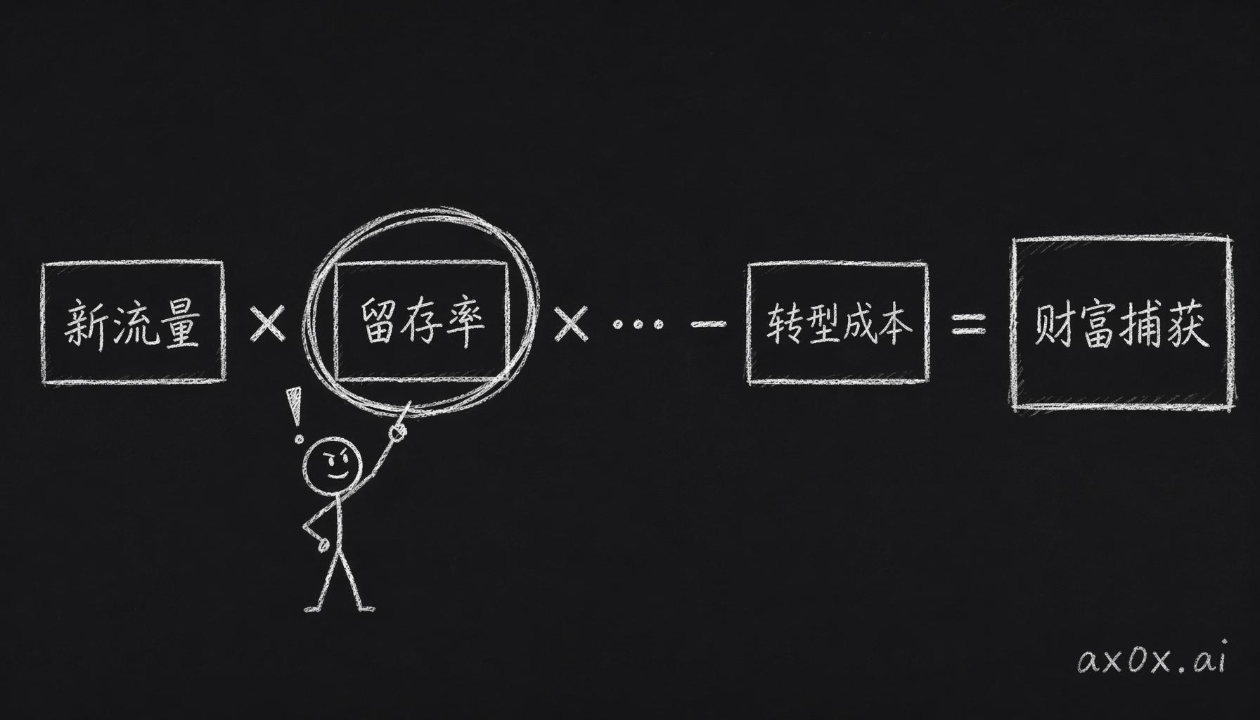 财富捕获公式：新流量乘以留存率等一串系数减去转型成本，留存率是那个决定钱最后归谁的关键项
