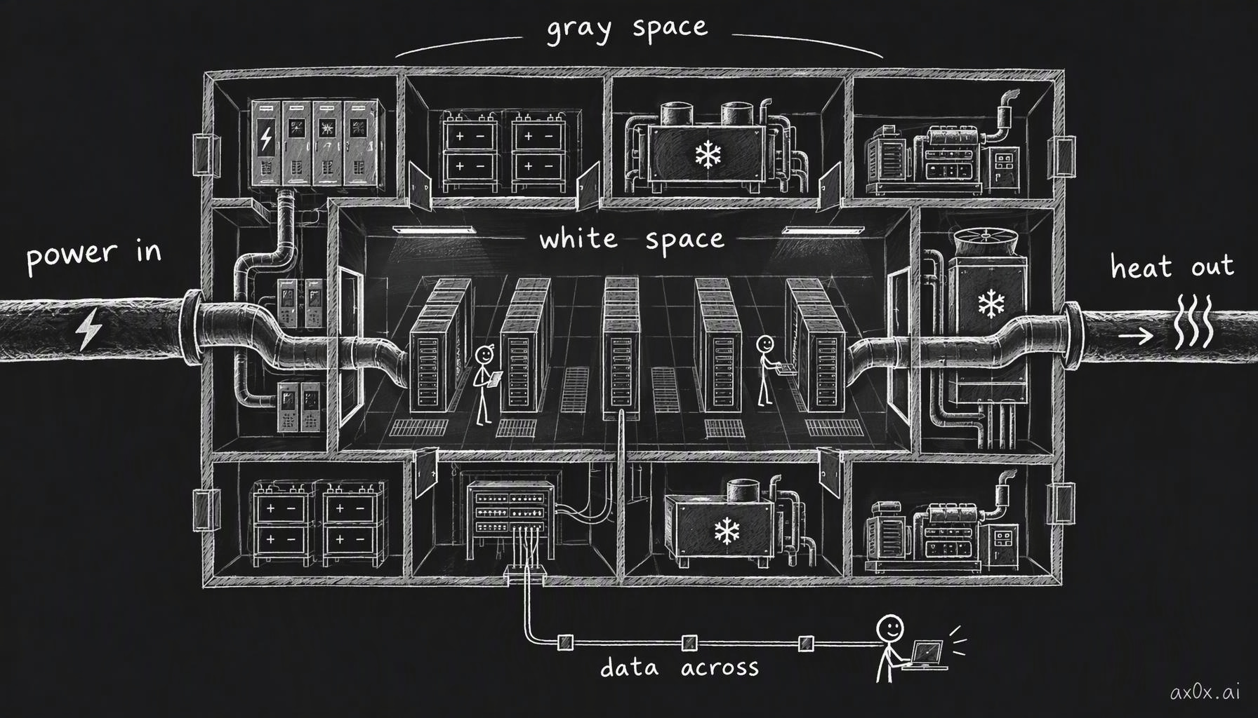 An AI data center is a building with three pipes running through it: power comes in, heat goes out, data moves across. The racks sit in the white space; the switchgear, UPS, chillers and generators around them are the gray space, and that is where most of the limits come from