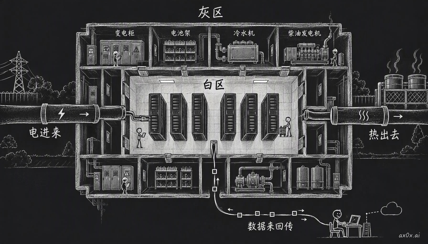 AI 数据中心就是三根管子同时在跑：电进来，热出去，数据来回传。机柜摆在白区，四周的开关柜、UPS、冷水机组和发电机是灰区，大部分限制都出在那里