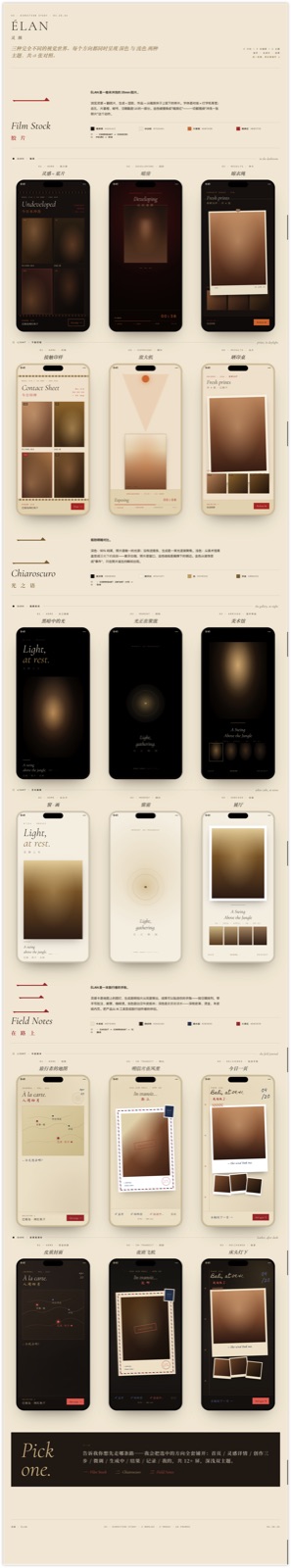 ÉLAN 三个决选方向——Film Stock / Chiaroscuro / Field Notes——每个都带完整的字体、色板和样本屏
