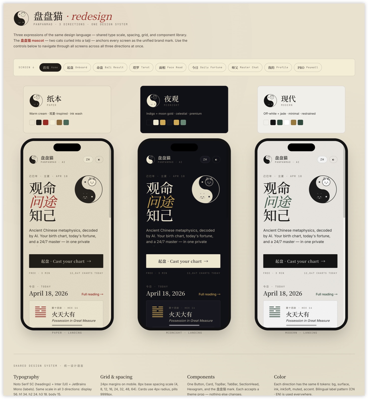 盘盘猫 v2 重设——三个并行品牌表达：纸本（暖米白）、夜观（靛蓝 + 墨金）、现代（浅白 + 玉绿），代表性手机屏