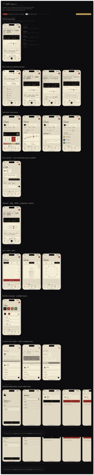 盘盘猫 v2 完整 app 屏概览——多个流程（首页 / 占卜 / 解梦 / 八字 / 卦象 / 分析）跨纸本表达一致呈现