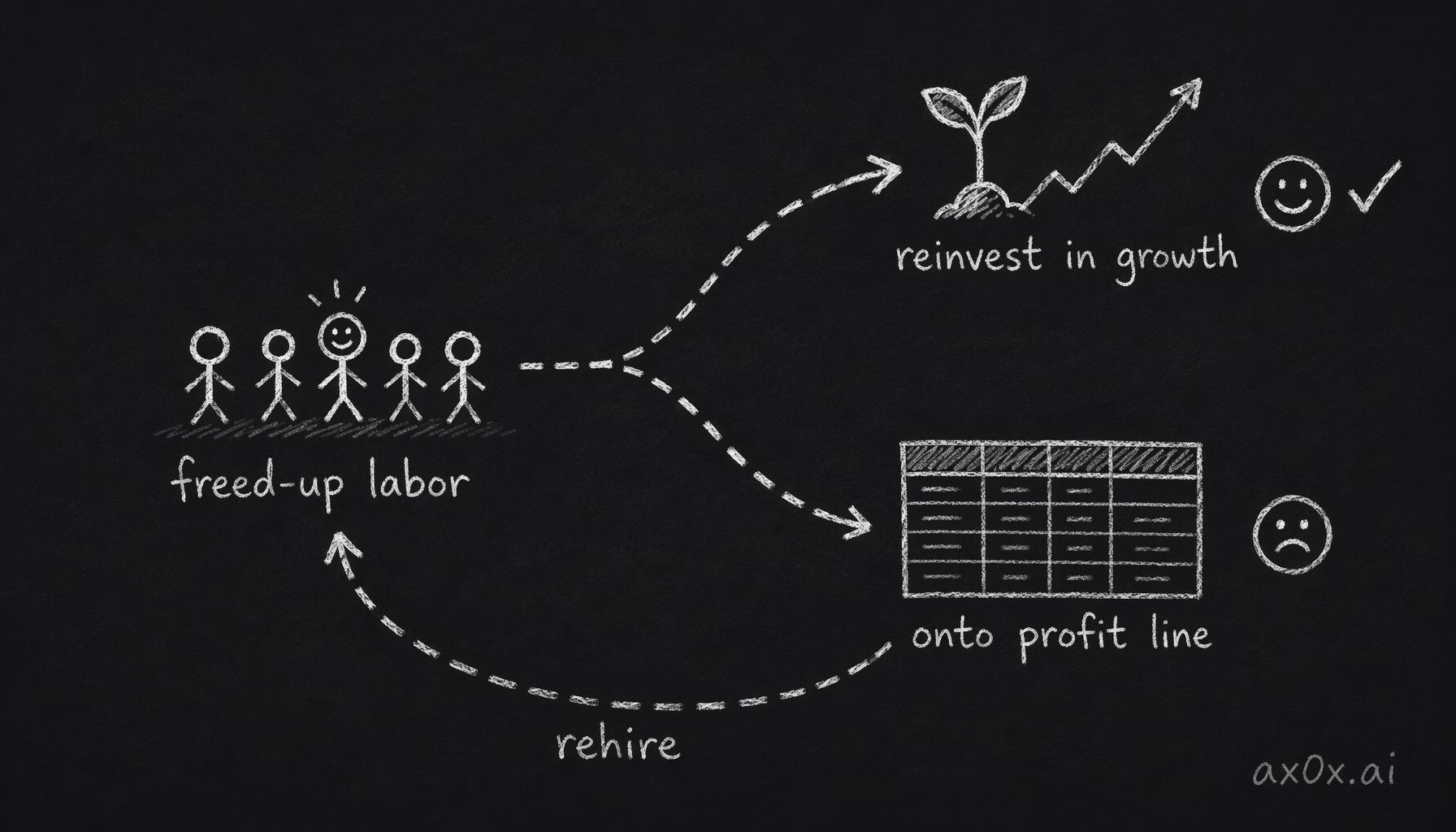 The fork that tells real AI-first from fake: freed-up labor is either reinvested into growth or dropped onto the profit line — and the profit-line path loops back into rehiring