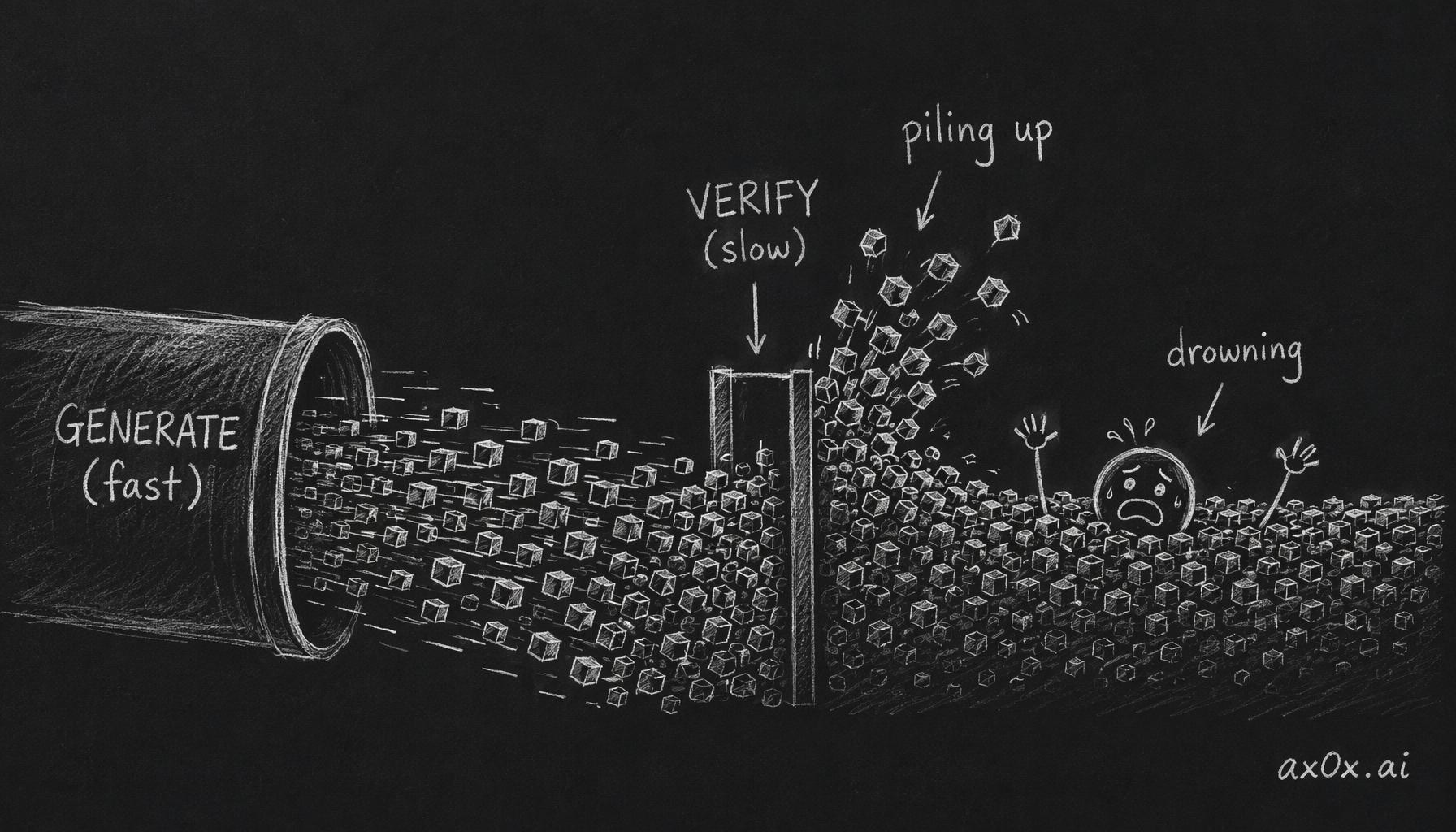 Generation got sped up several times by AI while verification still moves at human reading speed, so code piles up and drowns the person at the review gate