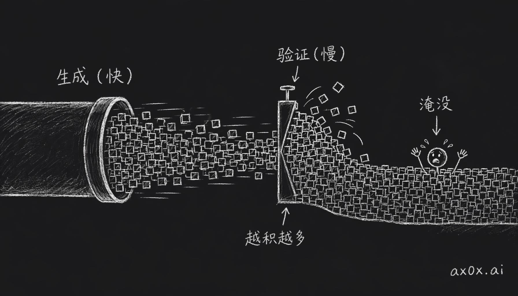 生成端被 AI 加速了几倍，验证端还是人脑读代码的速度，代码越积越多，把守在审核位的人淹没