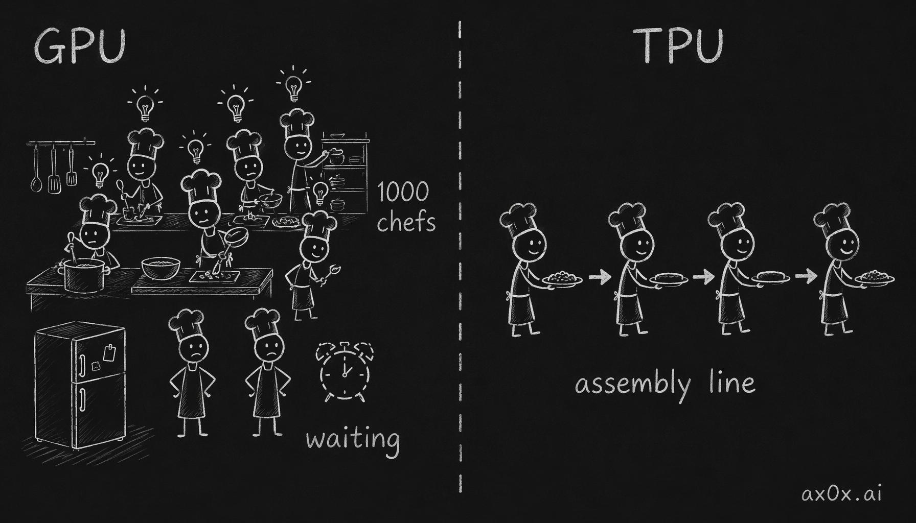 GPU is a thousand chefs each idling for ingredients; TPU is an assembly line where nobody waits