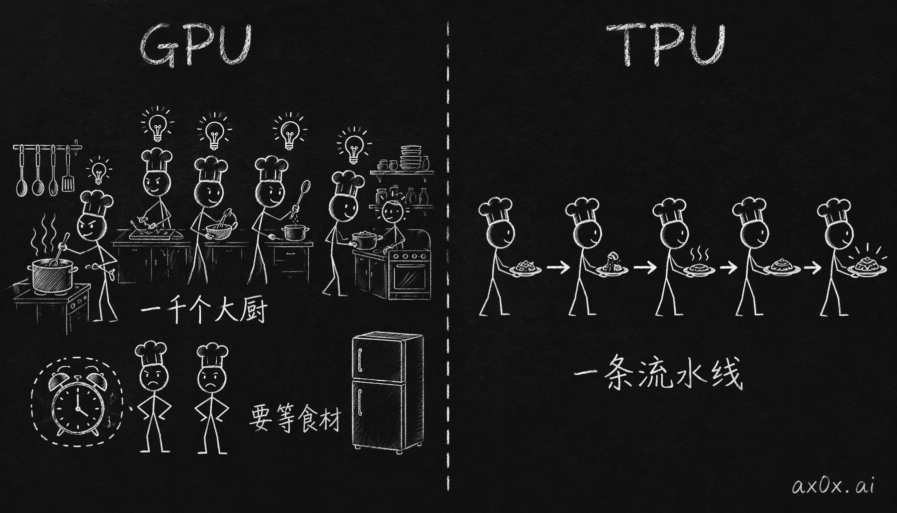 GPU 像一千个各自等食材的大厨，TPU 像一条谁都不用等的流水线