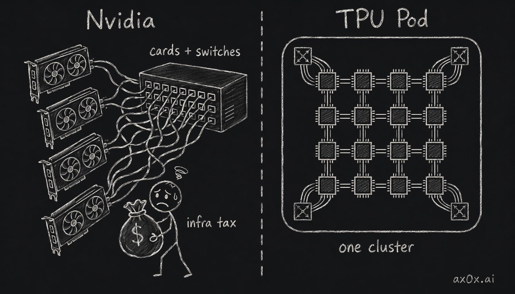 Nvidia sells cards then charges an infra tax for switches; TPU is designed as one integrated multi-thousand-chip cluster from day one