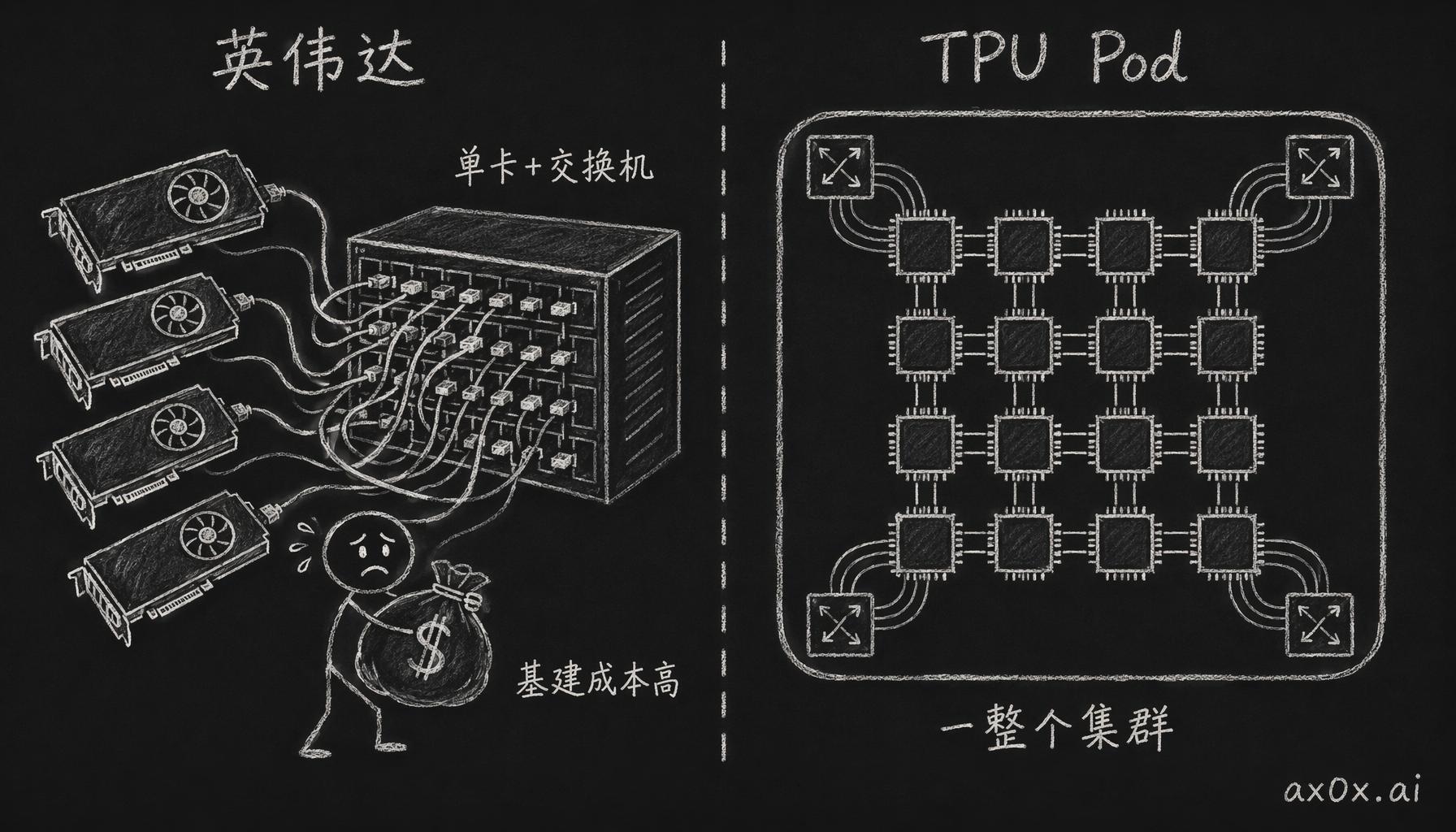 英伟达一张张卖卡还得另买交换机组网成本高，TPU 从第一天就按几千芯片协同的整片集群设计