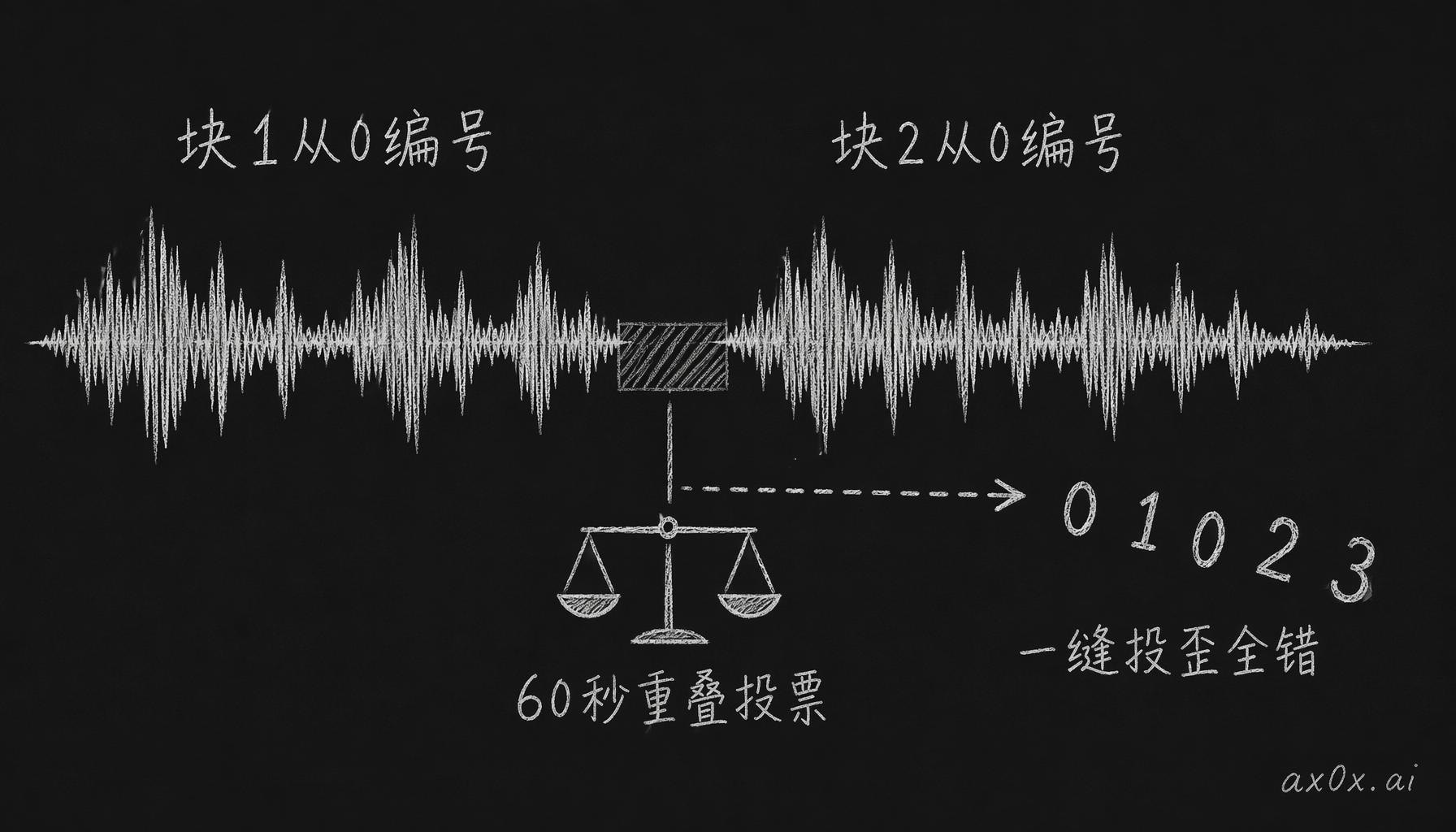 音频切块各自从0编号，靠重叠区投票缝合，一处投歪后面全部错位