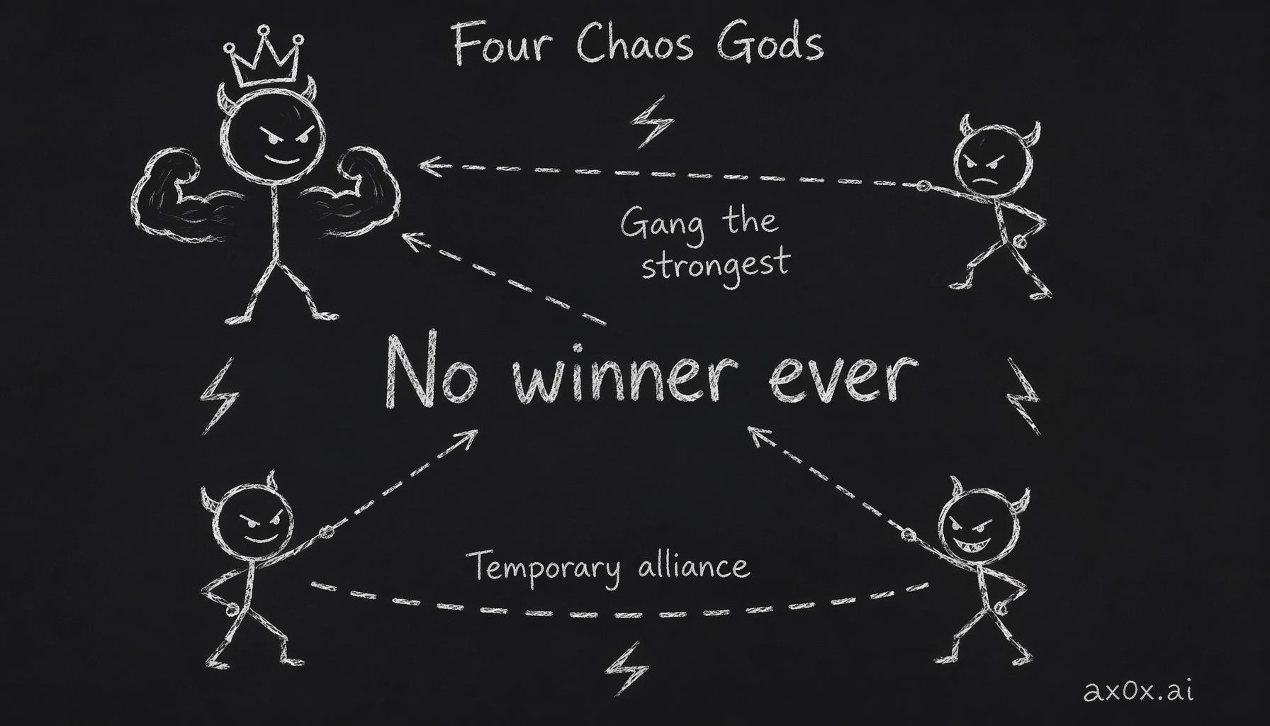 The four Chaos Gods hate each other; whenever one grows too strong the other three temporarily ally to drag it back down, locking them in a game with no winner.