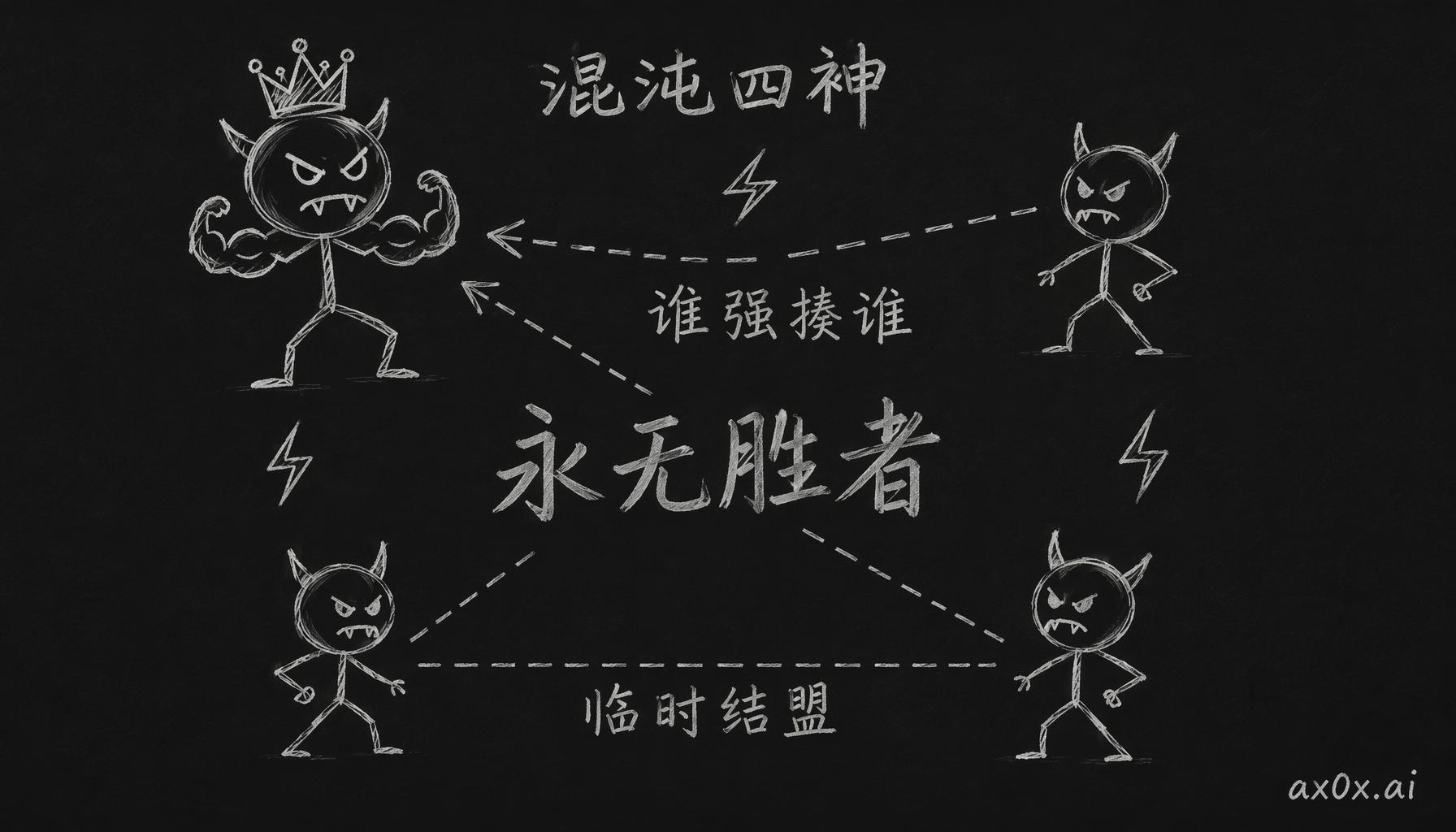 混沌四神互相仇恨，谁长得太强其余三位就临时结盟把它拽回来，锁成一场永无胜者的大游戏。