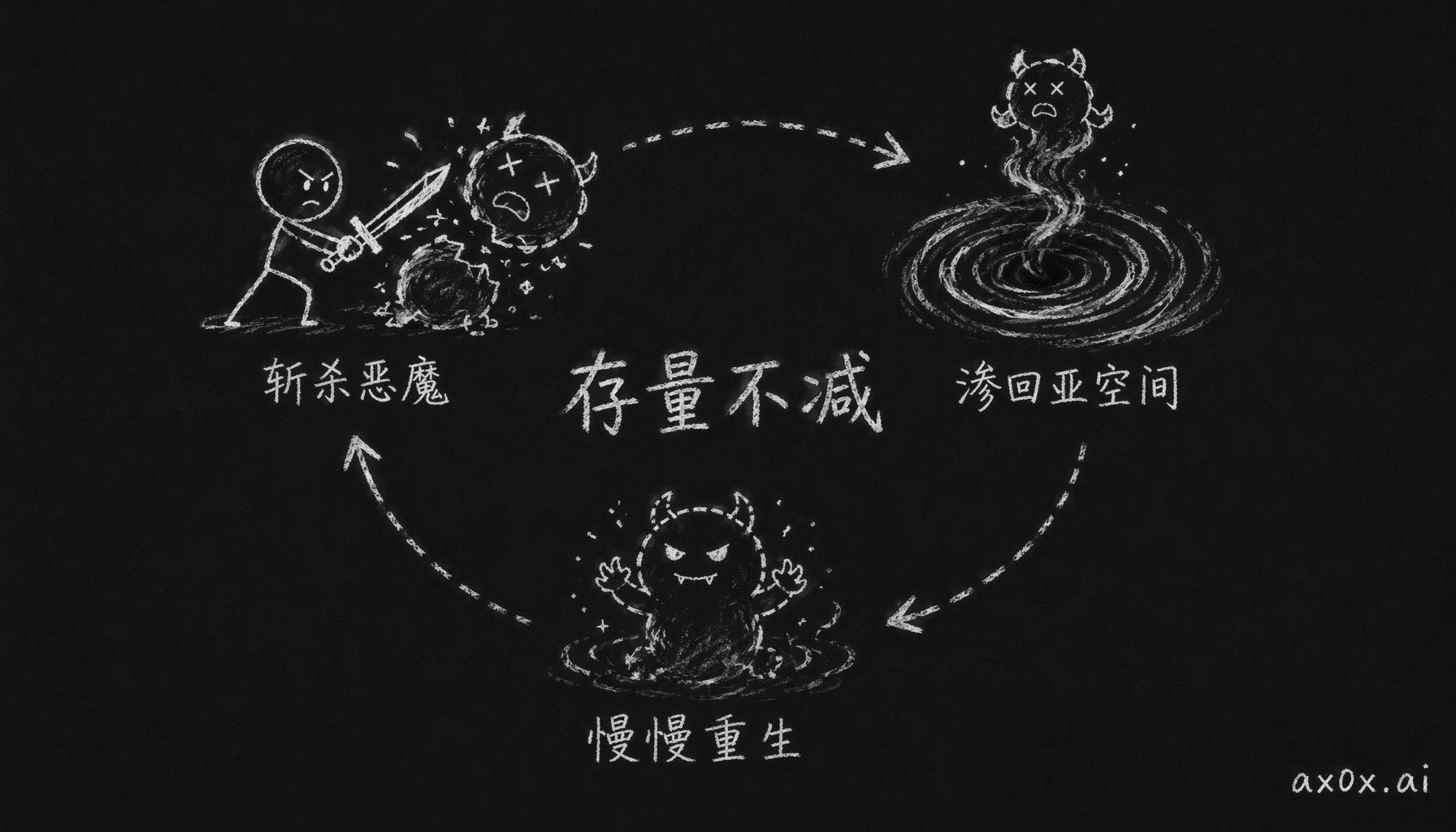 斩杀恶魔只是让它的本质渗回亚空间慢慢重生，存量永远不减——所以跟混沌开战跟对天气开战差不多。