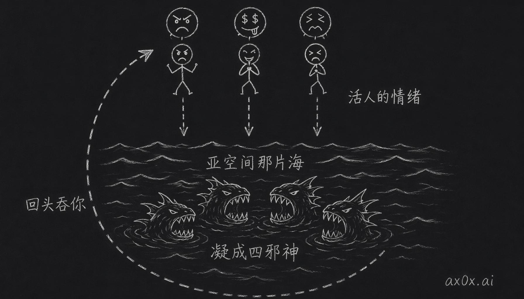 活人的情绪灌进亚空间那片海，攒几百万年凝成四位混沌邪神，邪神反过来又吞噬你的情绪，形成一个关不掉的回路