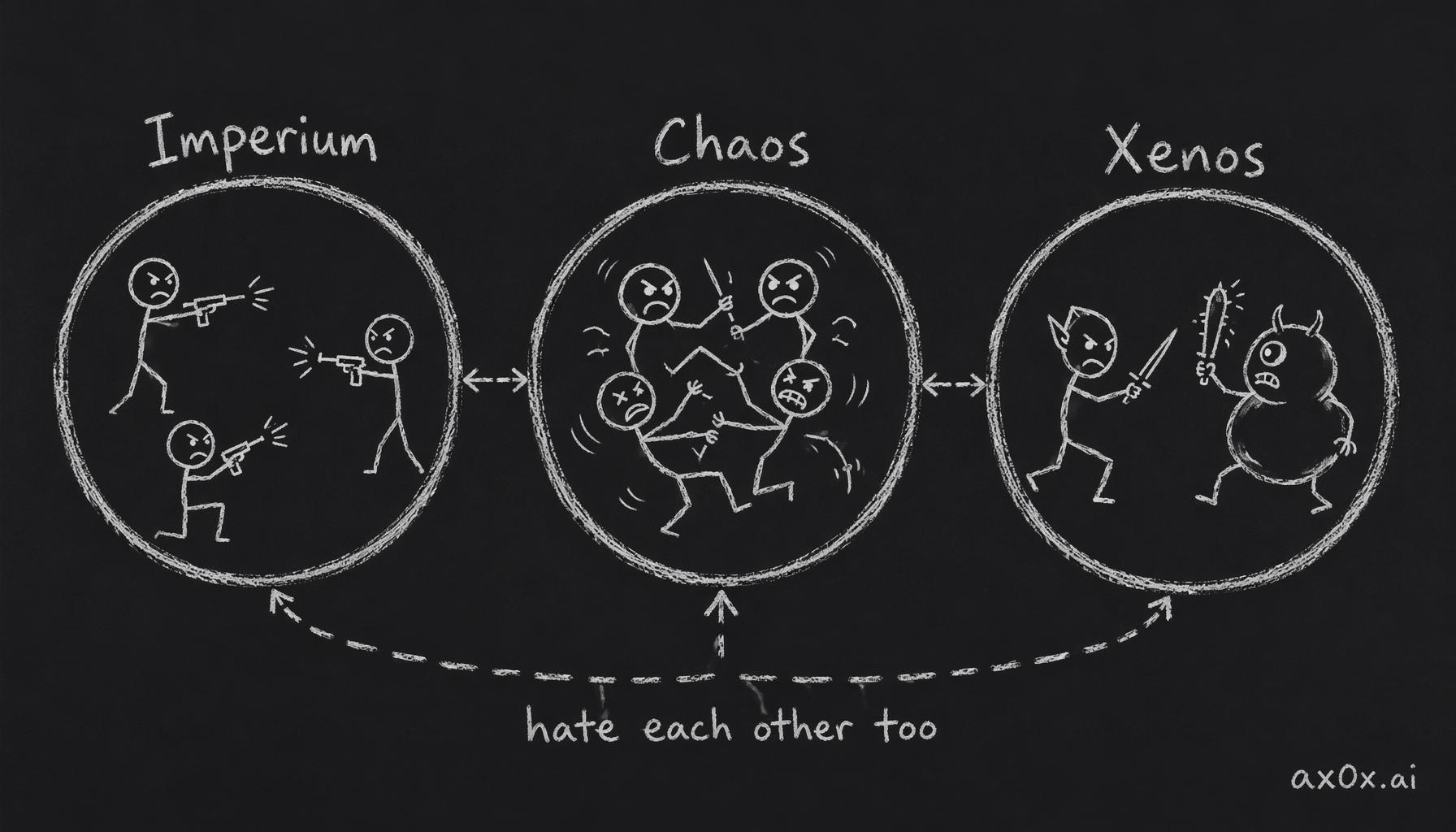 The galaxy splits into three great blocs — Imperium, Chaos, Xenos — and each bloc's members fight one another almost as much as they fight outsiders