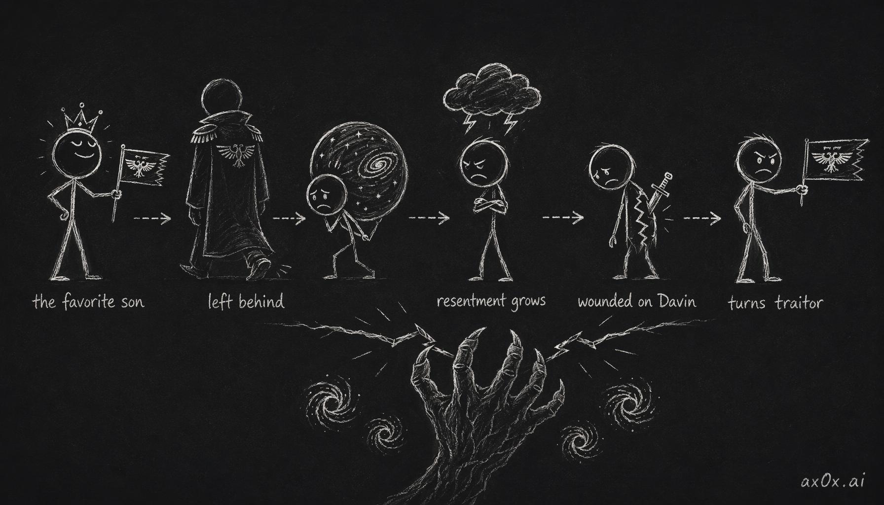 The causal chain of Horus's fall: promoted to Warmaster then abandoned, resentment takes root, wounded on Davin, and Chaos widens that real grievance with a false vision until he turns his weapon on his father.