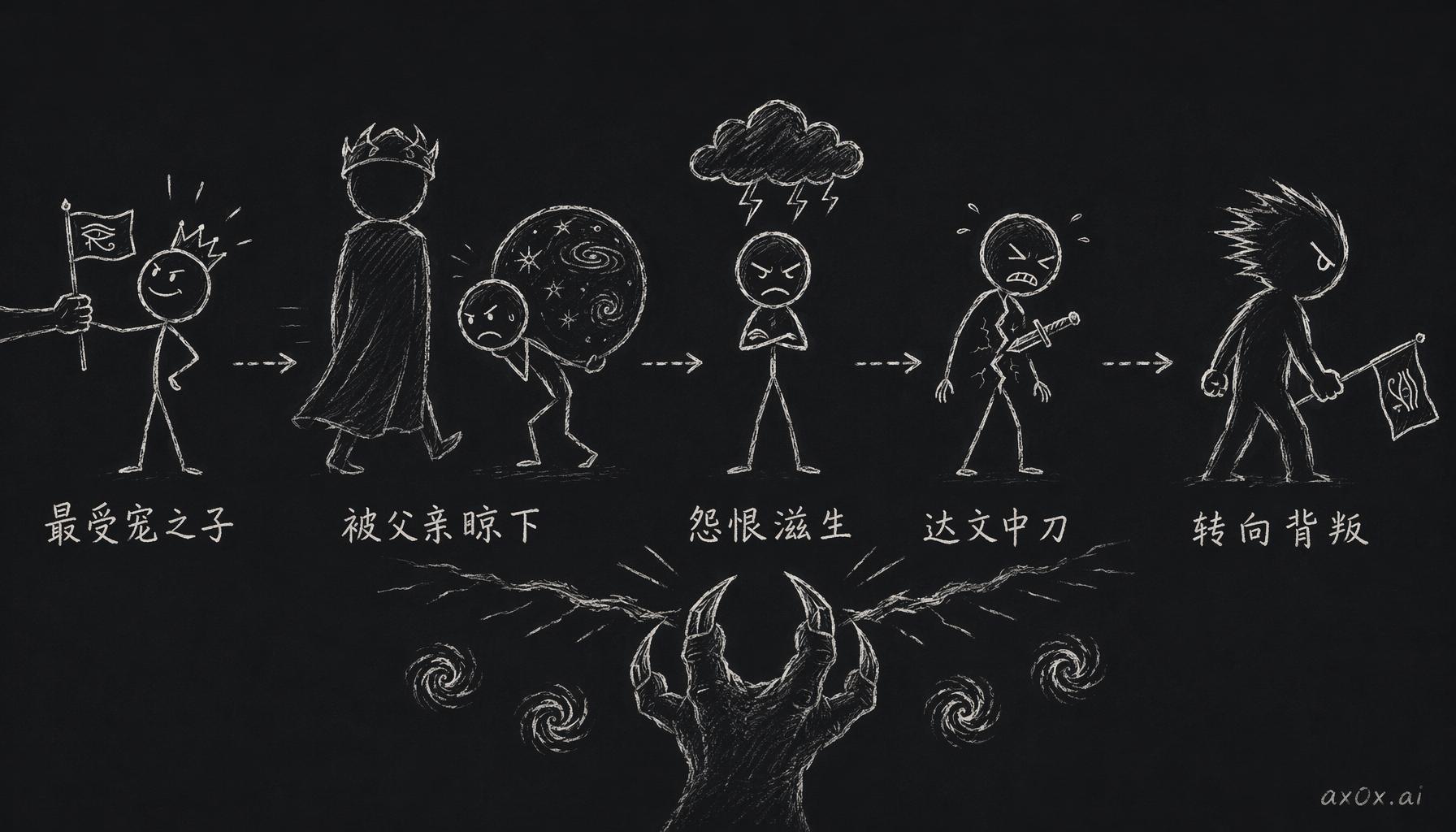 荷鲁斯堕落的因果链：升为战帅后被父亲晾在一旁，怨恨萌芽，达文中刀，混沌用伪装挚友的幻象把这道真实的委屈撑大，最终掉转枪口对准父亲。