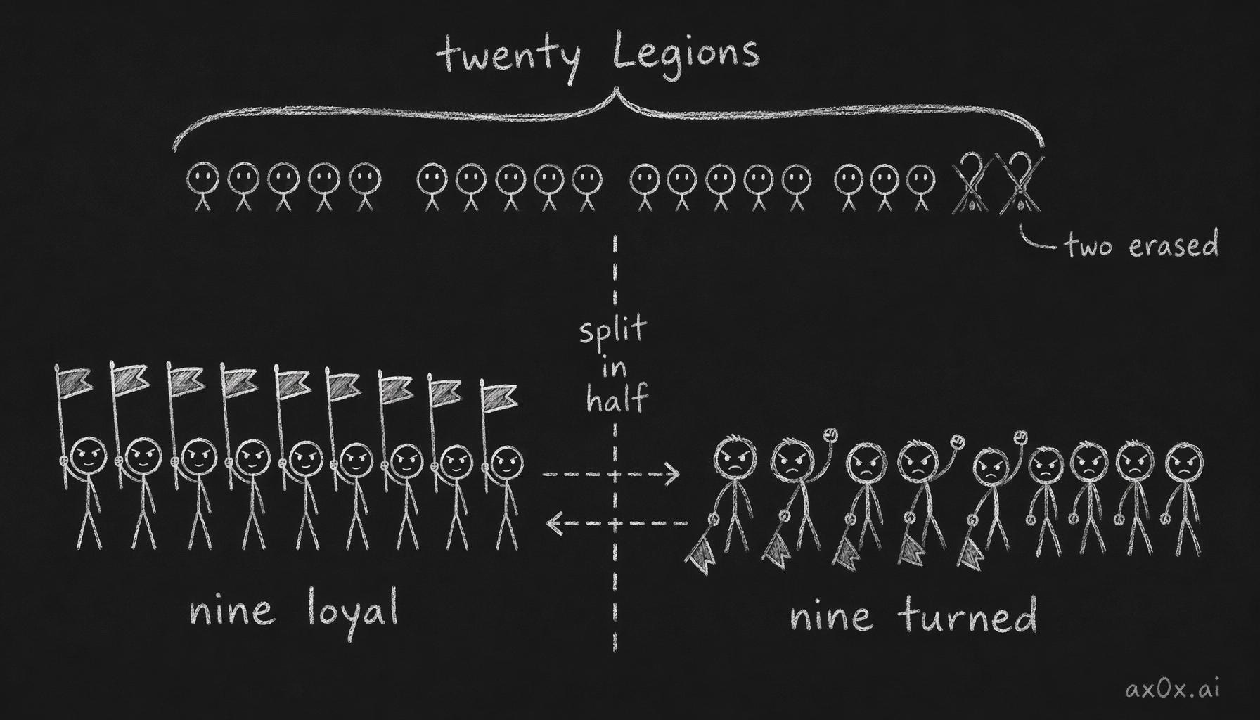 The structure and splitting of the twenty Legions: two are erased into blanks, and the remaining eighteen split almost perfectly in half — nine loyal, nine turned.