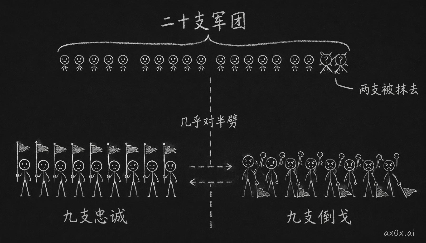 二十支军团的结构与分裂：其中两支被彻底抹去成空白，剩下的十八支几乎对半劈开——九支忠诚、九支倒戈。