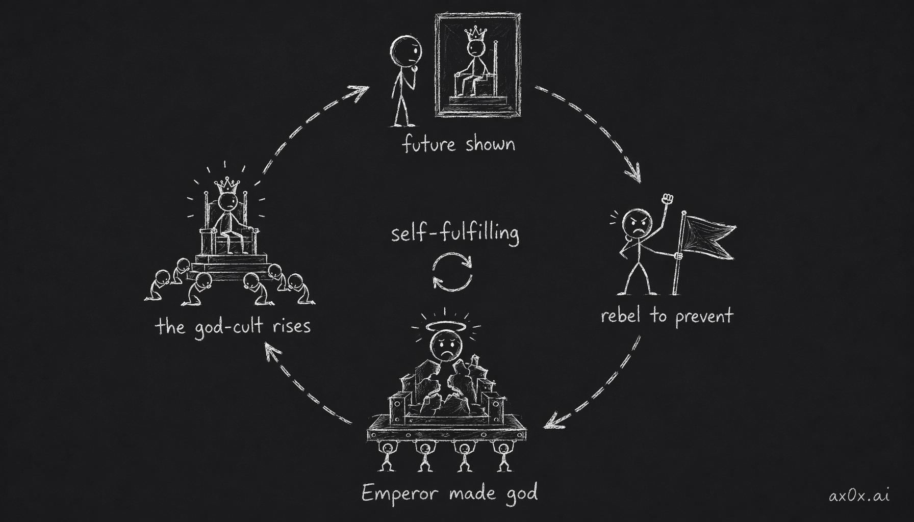 The self-fulfilling prophecy loop: the future Chaos showed Horus is the very future his rebellion to prevent it ends up creating — the loop closes on itself.