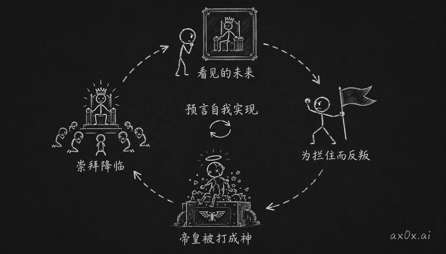 自我实现的预言回路：混沌给荷鲁斯看见的未来，正是他为了阻止它而背叛父亲、结果亲手打出来的未来——回路闭合。