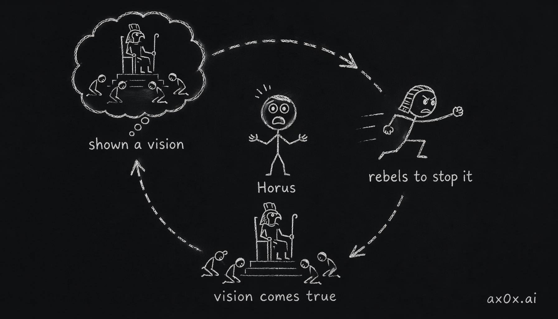 Horus rebelled to prevent the vision of his father worshipped as a god — and the rebellion is what made it come true.