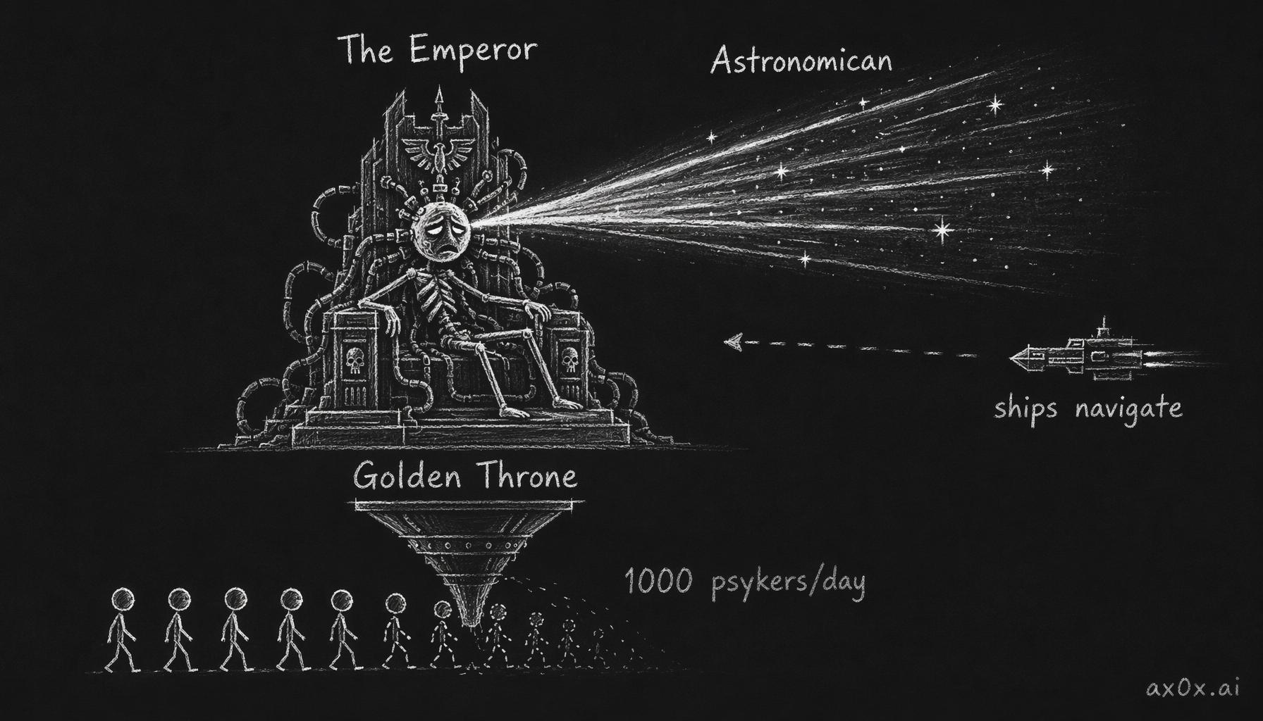 The dying Emperor on the Golden Throne projects a psychic beacon that ships navigate by, fueled every day by a thousand burned-out psykers
