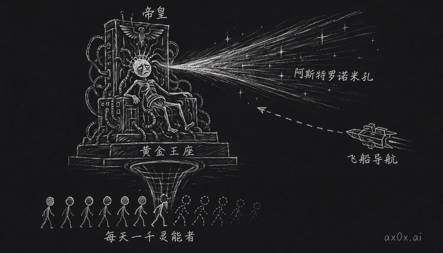 垂死的帝皇在黄金王座上投射灵能灯塔为飞船导航，代价是每天焚烧一千名灵能者的生命续燃
