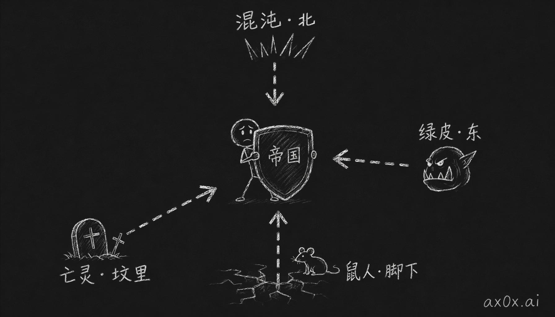 人类帝国被困中央，同时在六个方向上被敌人夹击，所以注定守不住。