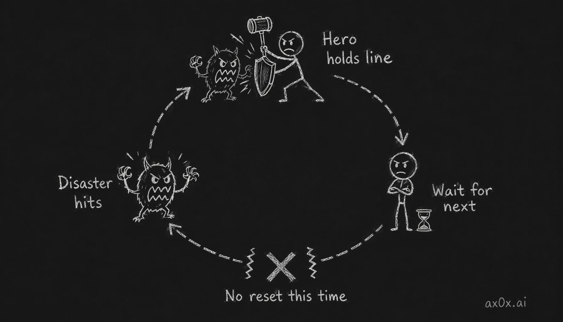 The old world's fixed disaster-savior-repeat loop, broken for the first time by the End Times with no reset pressed